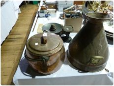 A large copper lidded jam pan, a large copper urn, weigh scales  with five weights and a bowl (3)