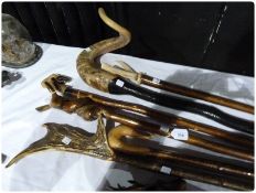 Six various walking sticks, one with a carved squirrel handle, various horn handles and a deer