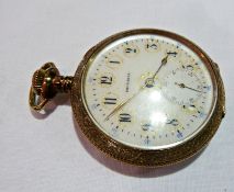 Gold plated pocket watch, button winding, enamel dial, chased decoration to rim and on reverse of