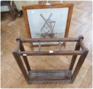 Old oak three-division umbrella stand, with driptray, together with an oak framed firescreen, with