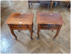 Pair modern bedside tables, with frieze drawer, on carved cabriole legs, 45cm wide