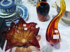 Brown art glass vase, and green and orange flash Murano style glass (2)