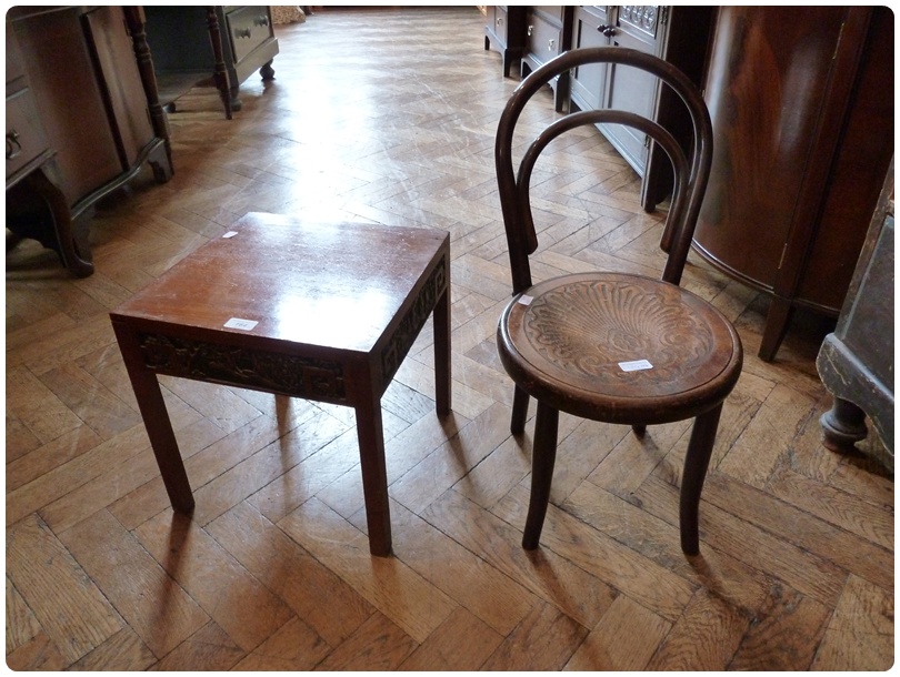 An old Thonet style bentwood child's chair with solid seat together with a carved hardwood side