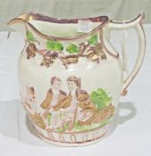 Georgian lustre pottery hunting jug with pair sportsmen and gun dogs, relief decoration, 17cm high