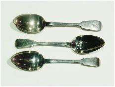 Pair Georgian silver "fiddle" pattern tablespoons, London 1818, and a Victorian silver "fiddle"