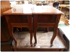 Pair modern hardwood bedside tables, with frieze drawer, on carved cabriole legs, 47cm wide