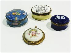 Enamel pill or cachou box, oval, the lid painted in sepia with sailing
Galleon, (some damage),