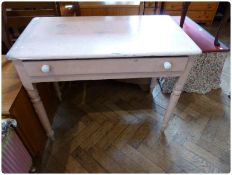 Victorian painted pine side table, with long frieze drawer, on turned tapering legs, 90cm wide