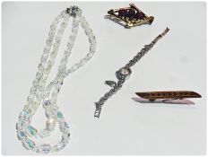 Quantity costume jewellery, to include Tunbridgeware brooch, marcasite watch, two-strand crystal