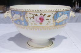 19th century Bloor Derby punch bowl, footed and with scroll handles, painted with pink cabbage roses