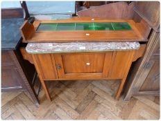 Late Victorian tile back red vein marble top washstand, with cupboard below on square legs, 77cm