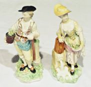 Pair 18th century Derby porcelain figures, "The Gardeners", gentleman leaning on spade and a lady