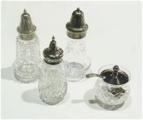 Two silver-capped cut glass sugar sifters, silver-plate capped sugar sifter, and a cut glass jam pot