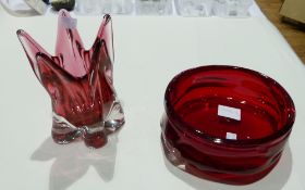 Bohemian art glass vase, clear and ruby overlay and ruby art glass bowl (2)