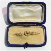 Gold coloured metal and seedpearl bar brooch, crescent, star and wing pattern, boxed