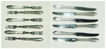 Set of six stainless steel and silver handled fruit knives and forks, Sheffield 1964