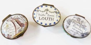 Three late eighteenth/early nineteenth century enamel patch and cachou boxes, â€œA Trifle From