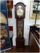 Reproduction mahogany longcase clock, with domed hood, brass dial with silvered chapter ring, glazed