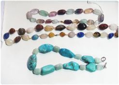 Three polished stone necklaces, fluorite, quartz and turquoise