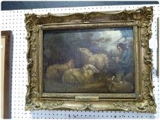 Oil on board
Attributed to George Moorland
Shepherd boy with his sheep amongst trees, label to
