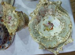 Victorian pottery dishes and other items, handpainted in gilt and floral decoration (4)