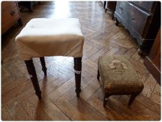 A Victorian mahogany square topped stool with ring turned tapering legs, together with a late 19th