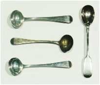 Three Georgian silver salt spoons, London 1818, and a Victorian silver mustard spoon, London 1849,