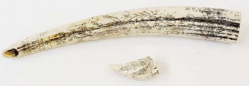 Reproduction Scrimshaw tusk, engraved with Liberty ship, inscribed "James Allen" and another,
