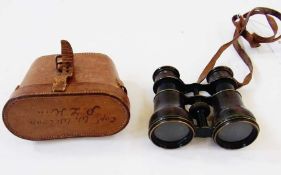 Pair small leather bound Japanned and brass field glasses, belonged to Major W. Wilson of the Punjab