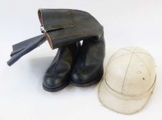 Vintage white peaked motorcycle helmet and pair Adams Bros. Ltd. gentleman's leather boots