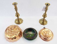 Cloisonne bowl, decorated with dragon on green ground, two copper decorative jelly moulds and pair