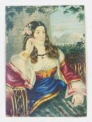 Miniature on card
Possibly Charlotte von Hornstein (von Lenbach) 1861-1941
Half-length portrait of a