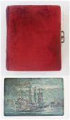 Red velvet-covered Victorian photograph album, with metal clasp, some of the card frames damaged,