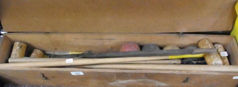 Vintage croquet set, with painted mallets and balls in pine wooden case and a bayonet