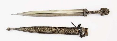 Middle Eastern dagger with highly decorated scabbard and hilt, length 49cm