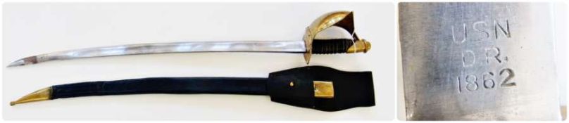 19th Century American naval sword with brass guard and leather covered handle, leather scabbard