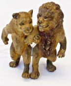 Bergman style Viennese cold painted group of lion and lioness walking upright linked arm-in-arm