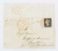 Postal History: Three margin 1d black on large part entire to Cheltenham from Bristol, 1840, with