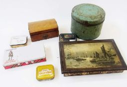 Vintage tin decorated with scene of moonlit river Thames with sailing vessels, other tins,