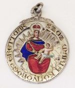 Eighteenth century Hungarian enamelled religious medal, the front depicting Virgin and Child with