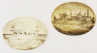 Pair Indian miniature paintings on ivory en grisaille, one depicting  Indian palace on hillside, the