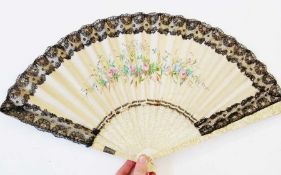 Chinese carved ivory black lace and painted cream satin folding fan, the leaf with rose spray
