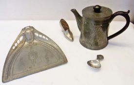 Arts and Crafts pewter teapot, metal shoe pattern pin cushion, Art Nouveau pewter crumb tray and a