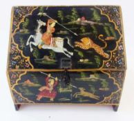 Painted wooden casket, with triangular cover, painted all over with scenes of moguls hunting