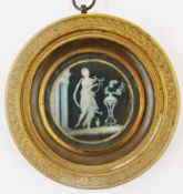 Allegorical miniature on paper
Classical female figure playing a harp, in ormolu embossed frame,
