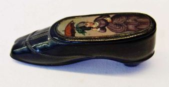 Victorian papier mache lady's shoe pattern snuff box, the lid decorated with Victorian lady carrying
