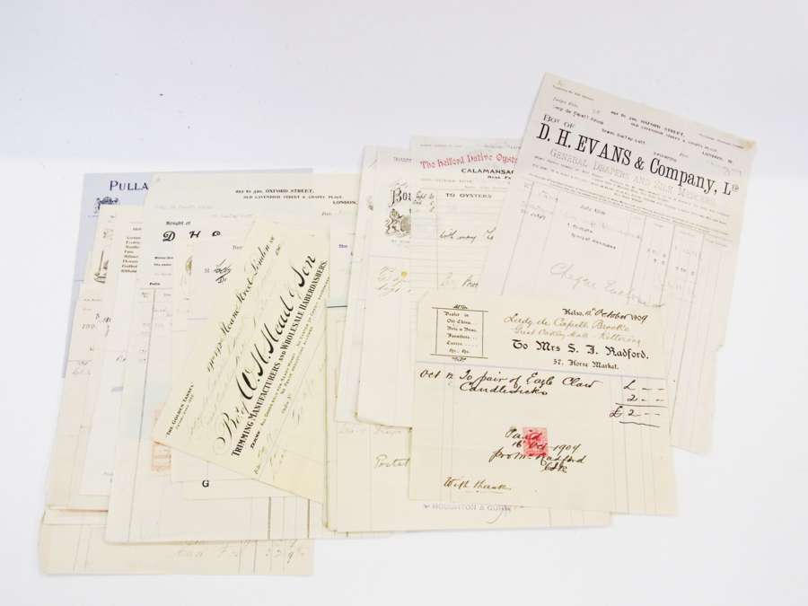 Quantity of Edwardian copperplate invoices relating to Lady de Capell Brook, quantity of