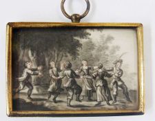 Nineteenth century miniature on paper
En grisaille, fete galante with ring of dancers, 4 x 6cm