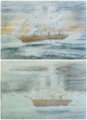 Pair nineteenth century silk embroideries, showing ships in full sail, framed and glazed (2)