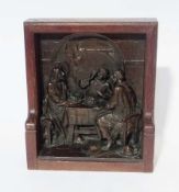Bronze effect two-dimensional plaque, religious scene of Christ seated at a table with two men, in